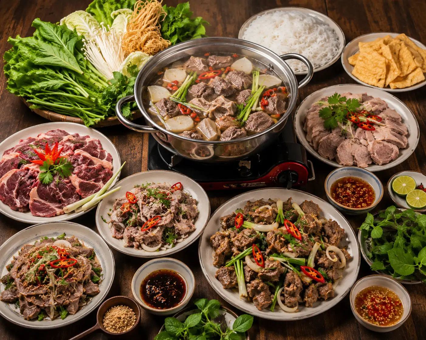 Mâm lẩu bò thập cẩm với rau sống, bún, đậu phụ và nhiều món thịt bò chấm kèm nước sốt