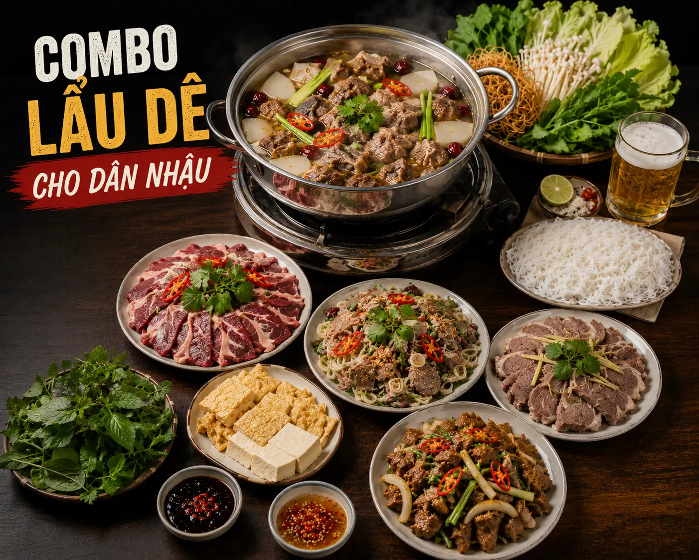 Combo lẩu dê cho dân nhậu với nhiều món thịt dê, rau, bún và nước chấm